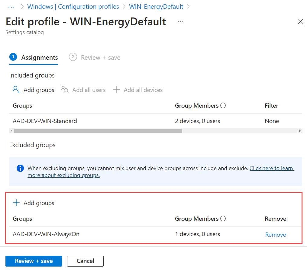 Assigning the Always On power profile and excluding from other power policies